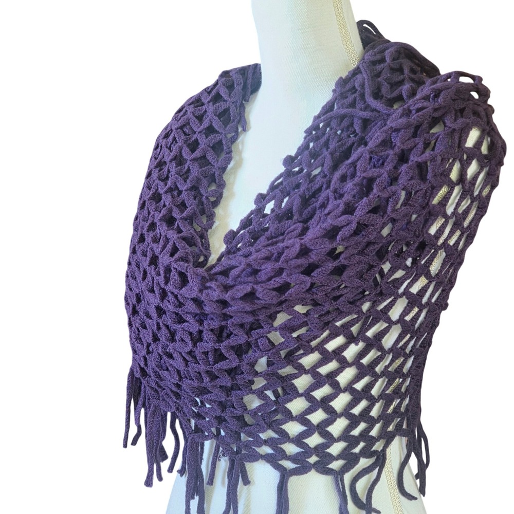 Steve Madden Witchy Whimsical Goth Purple Open Knit Crochet Fringe Shawl Scarf - Picture 10 of 11